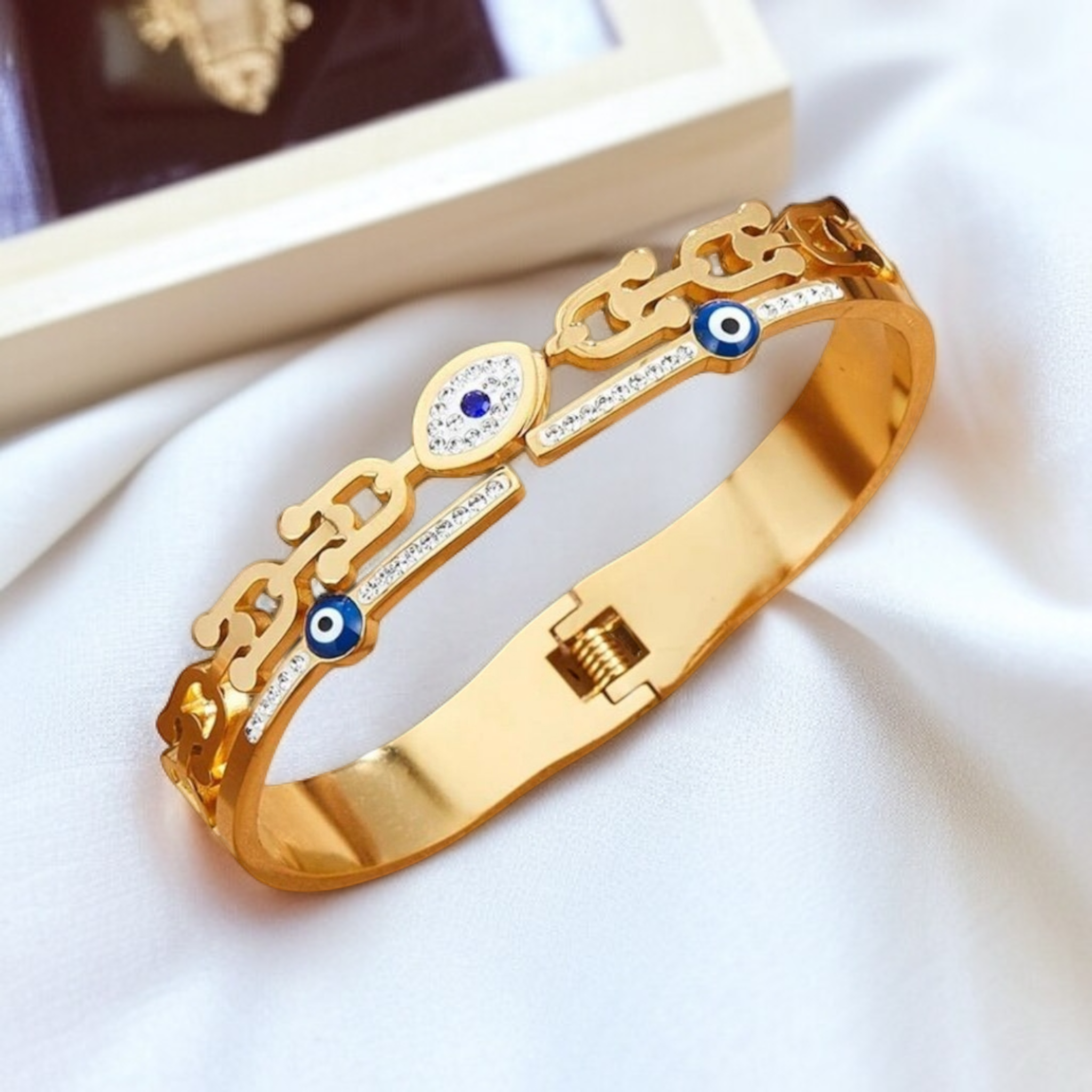Gold Plated Oval Design Evil Eye Bangle