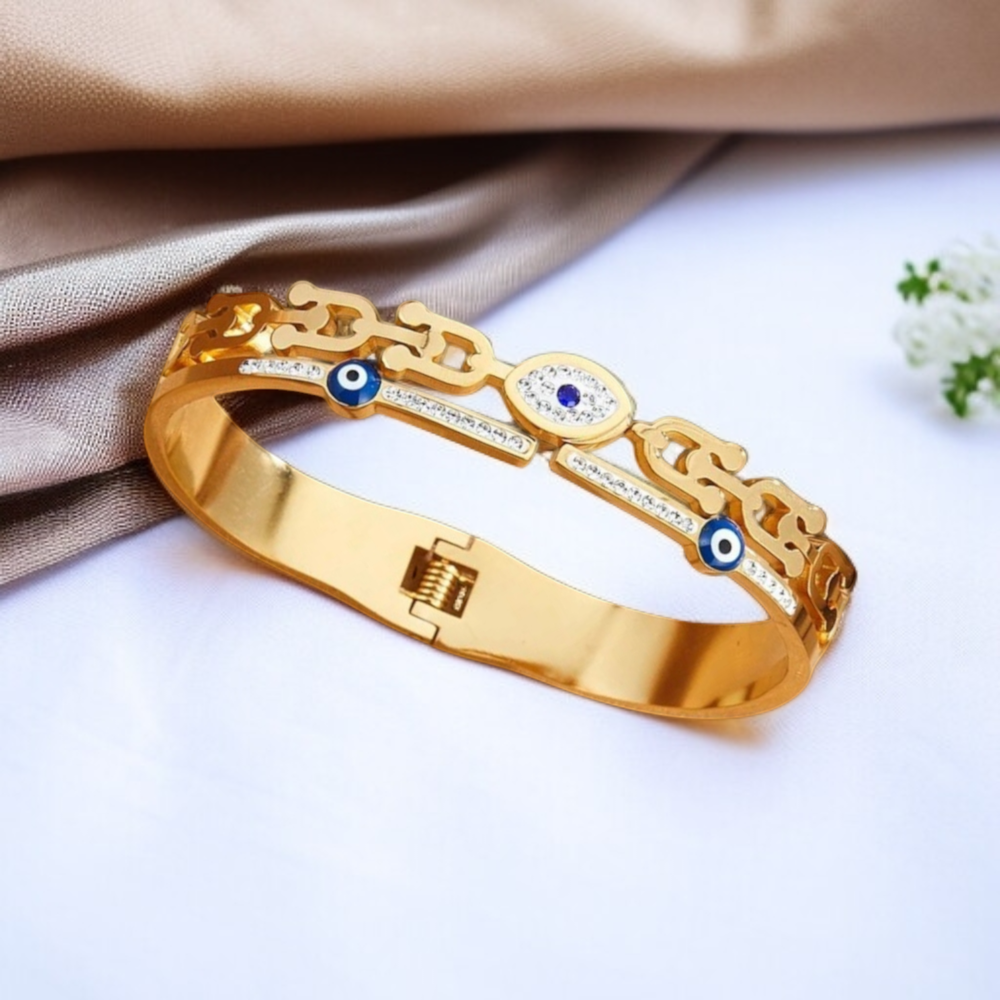 Gold Plated Oval Design Evil Eye Bangle