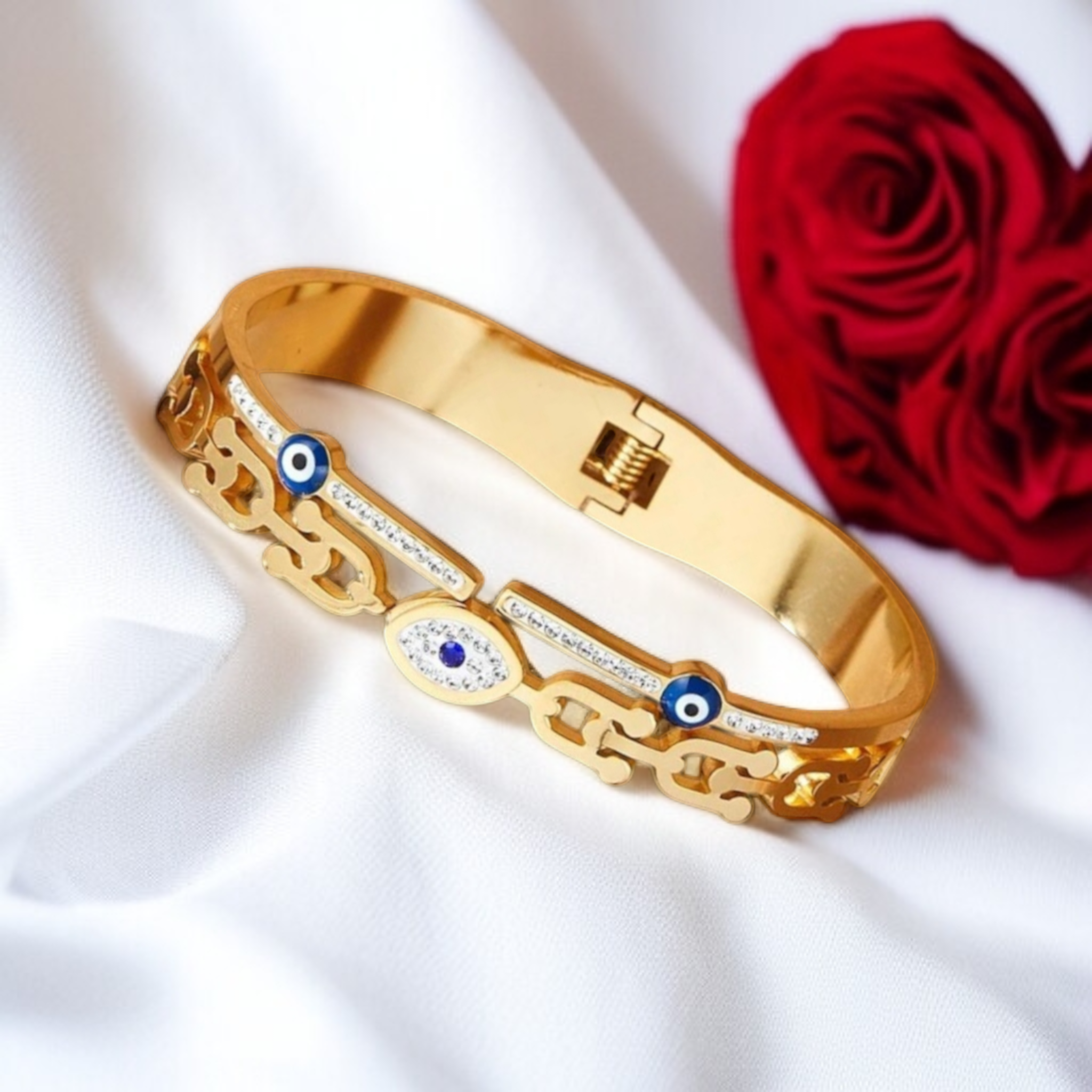 Gold Plated Oval Design Evil Eye Bangle