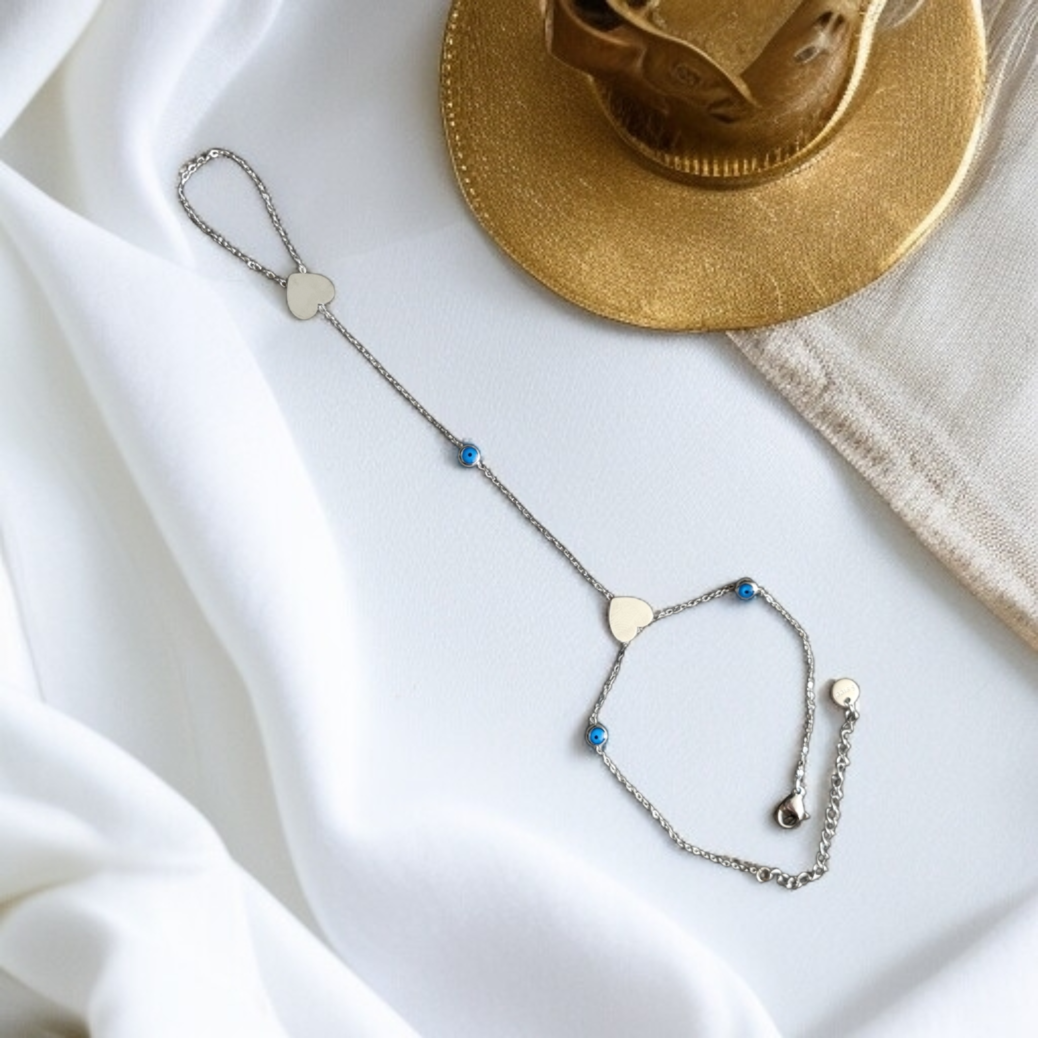 Silver Plated Shahmaran Bracelet with Heart Motif and Evil Eye Bead