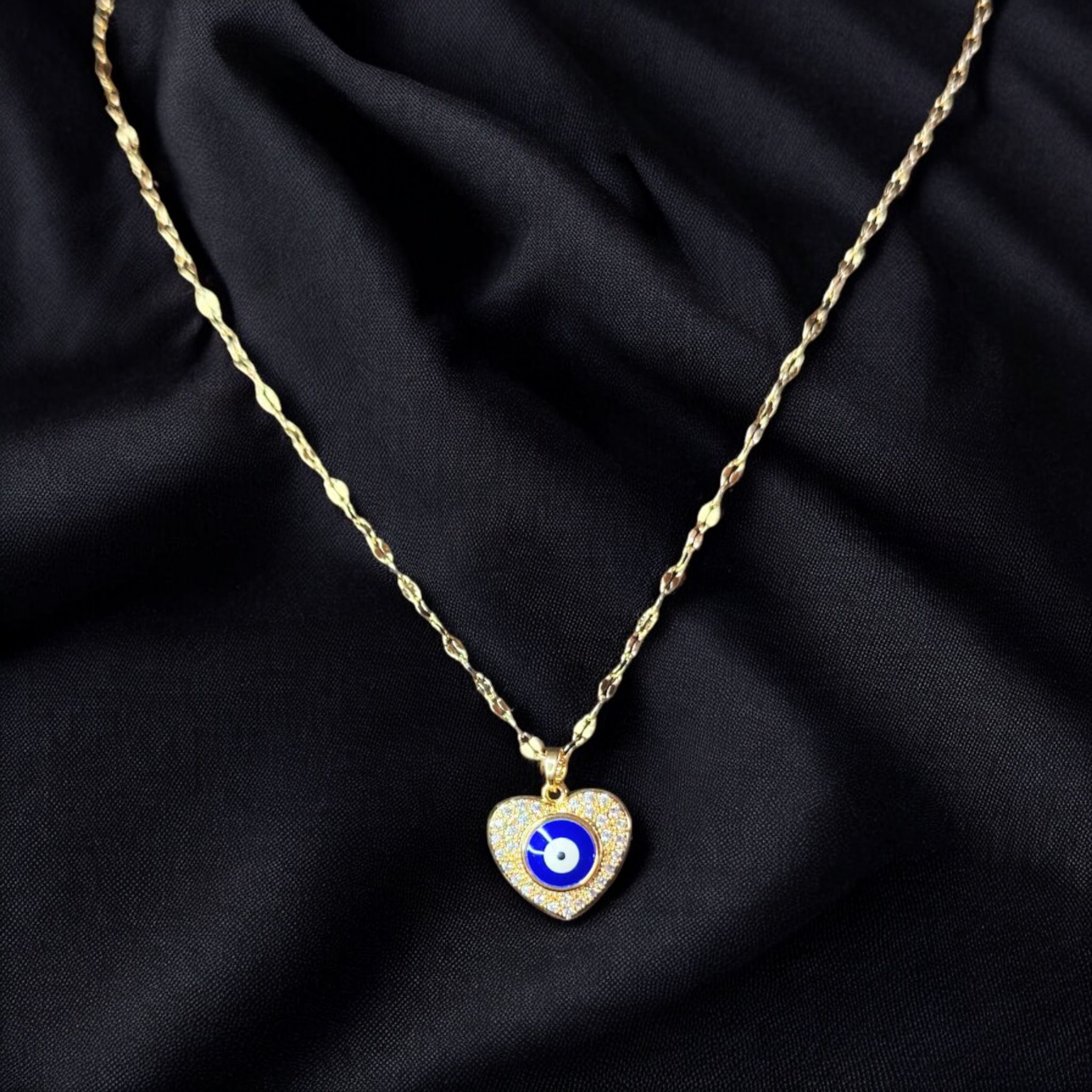 Gold Plated Stainless Steel Evil Eye Bead Heart Round Necklace
