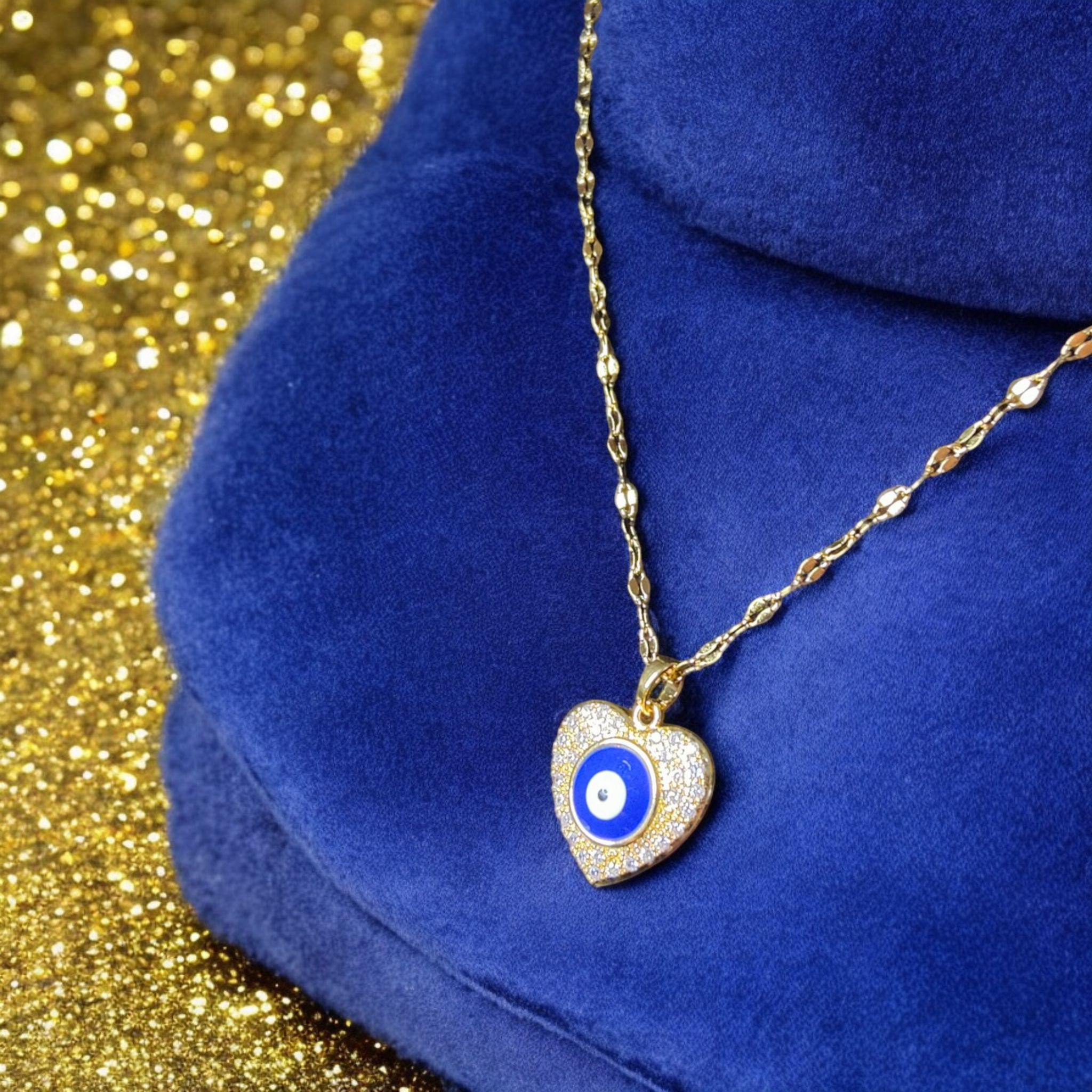 Gold Plated Stainless Steel Evil Eye Bead Heart Round Necklace
