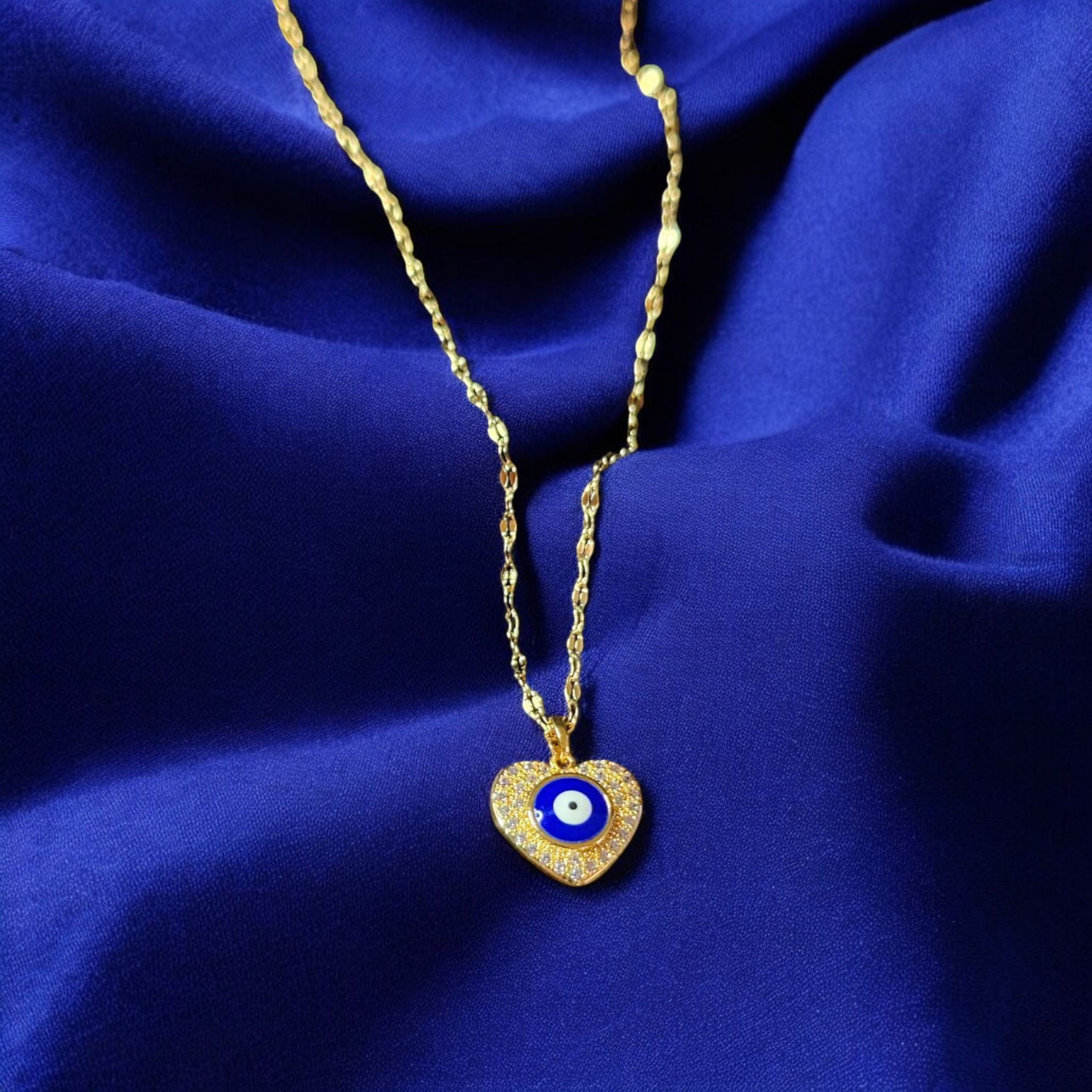 Gold Plated Stainless Steel Evil Eye Bead Heart Round Necklace
