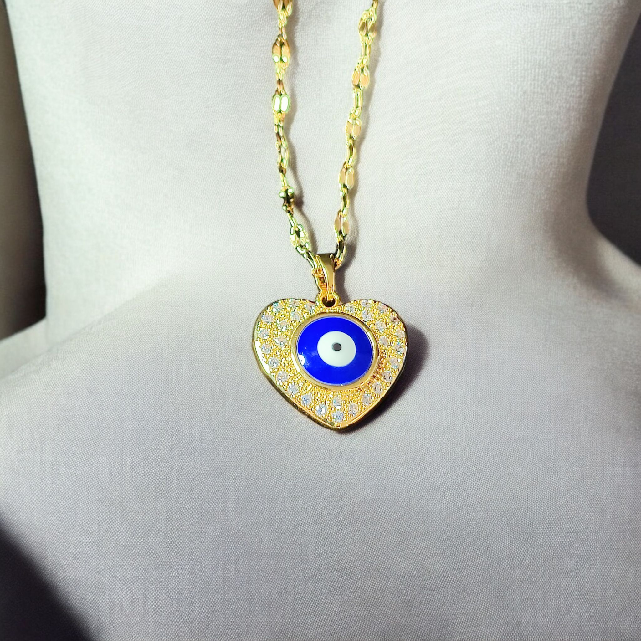 Gold Plated Stainless Steel Evil Eye Bead Heart Round Necklace