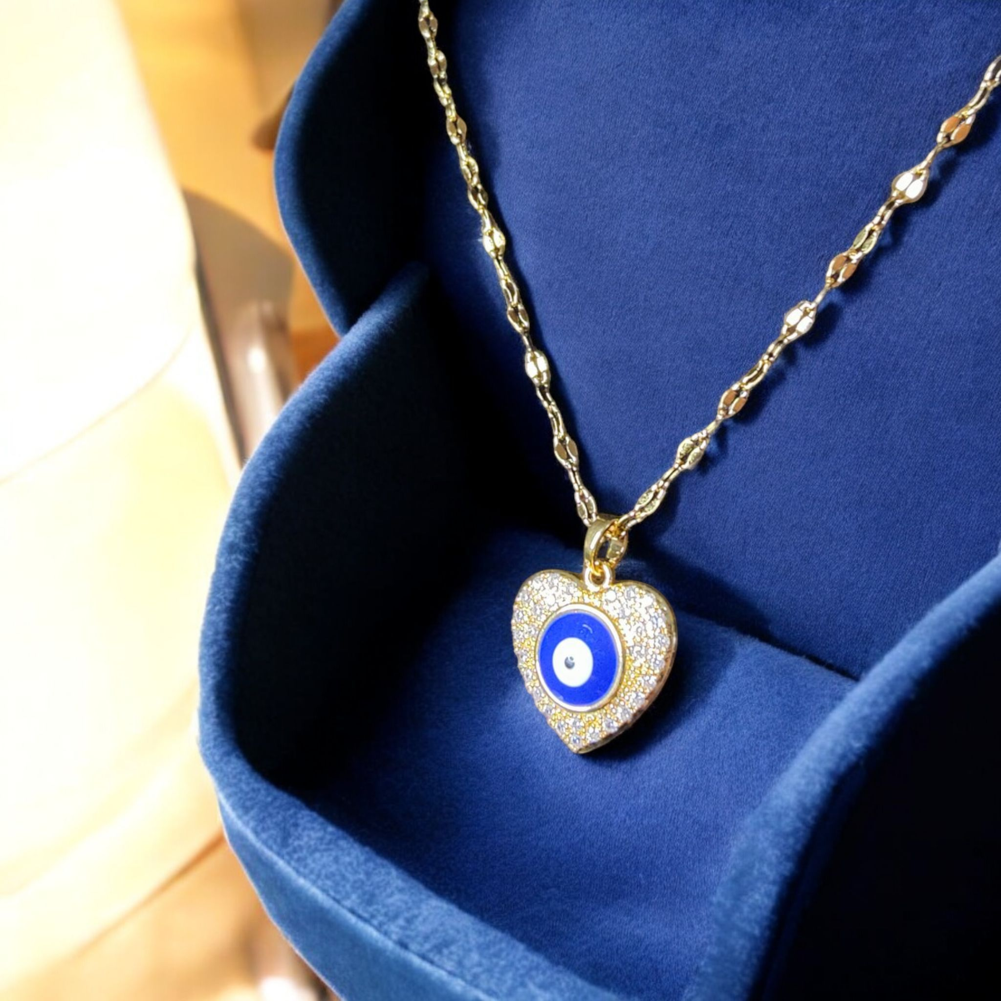 Gold Plated Stainless Steel Evil Eye Bead Heart Round Necklace