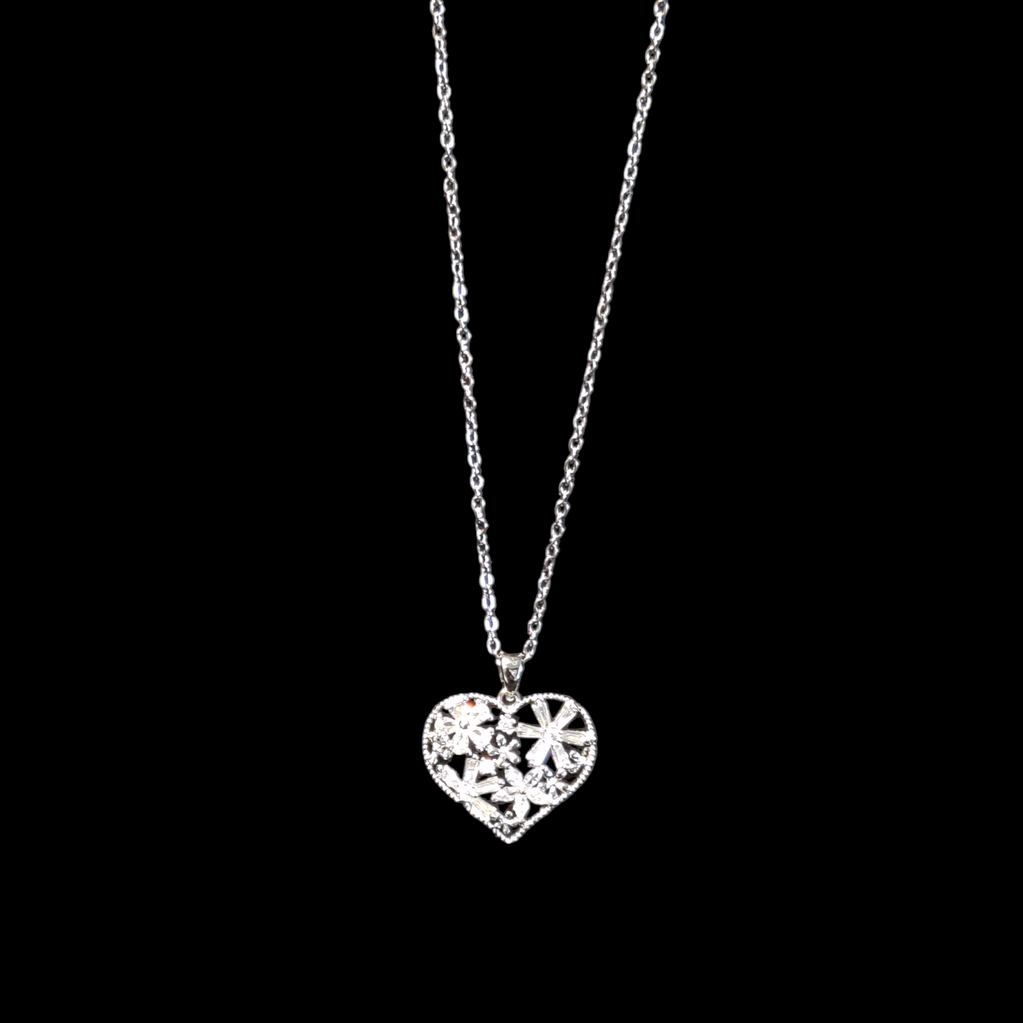 Stainless Steel Heart Necklace with Floral Design