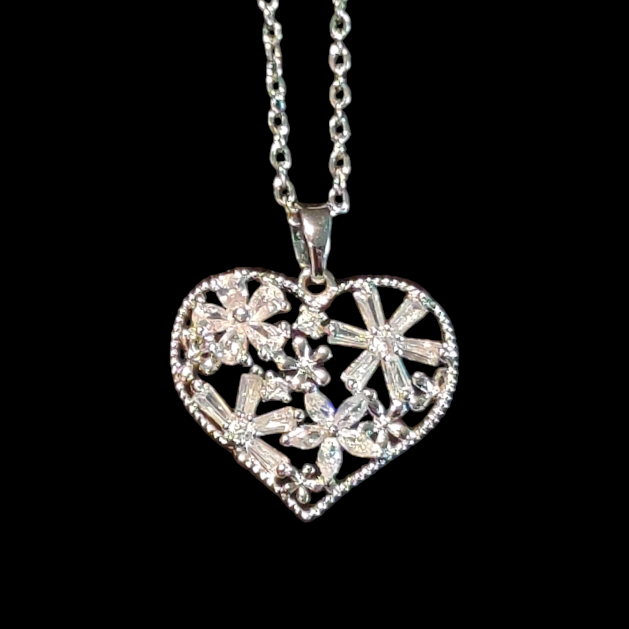 Stainless Steel Heart Necklace with Floral Design