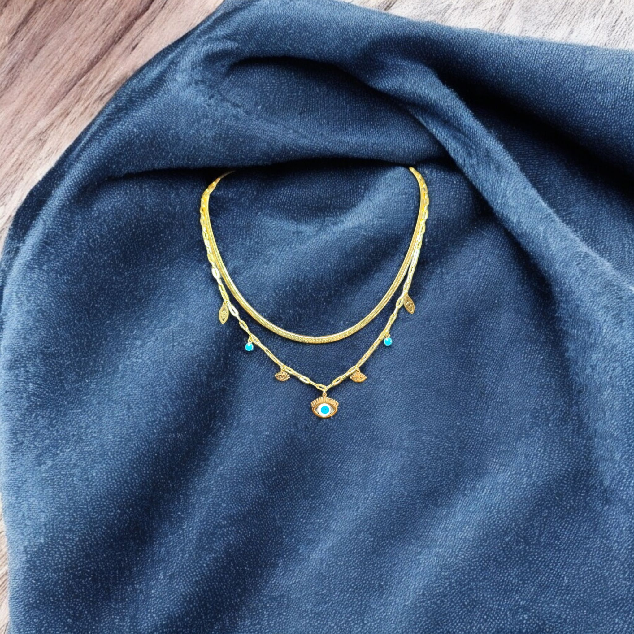Gold-Plated Stainless Steel Evil Eye Layered Necklace