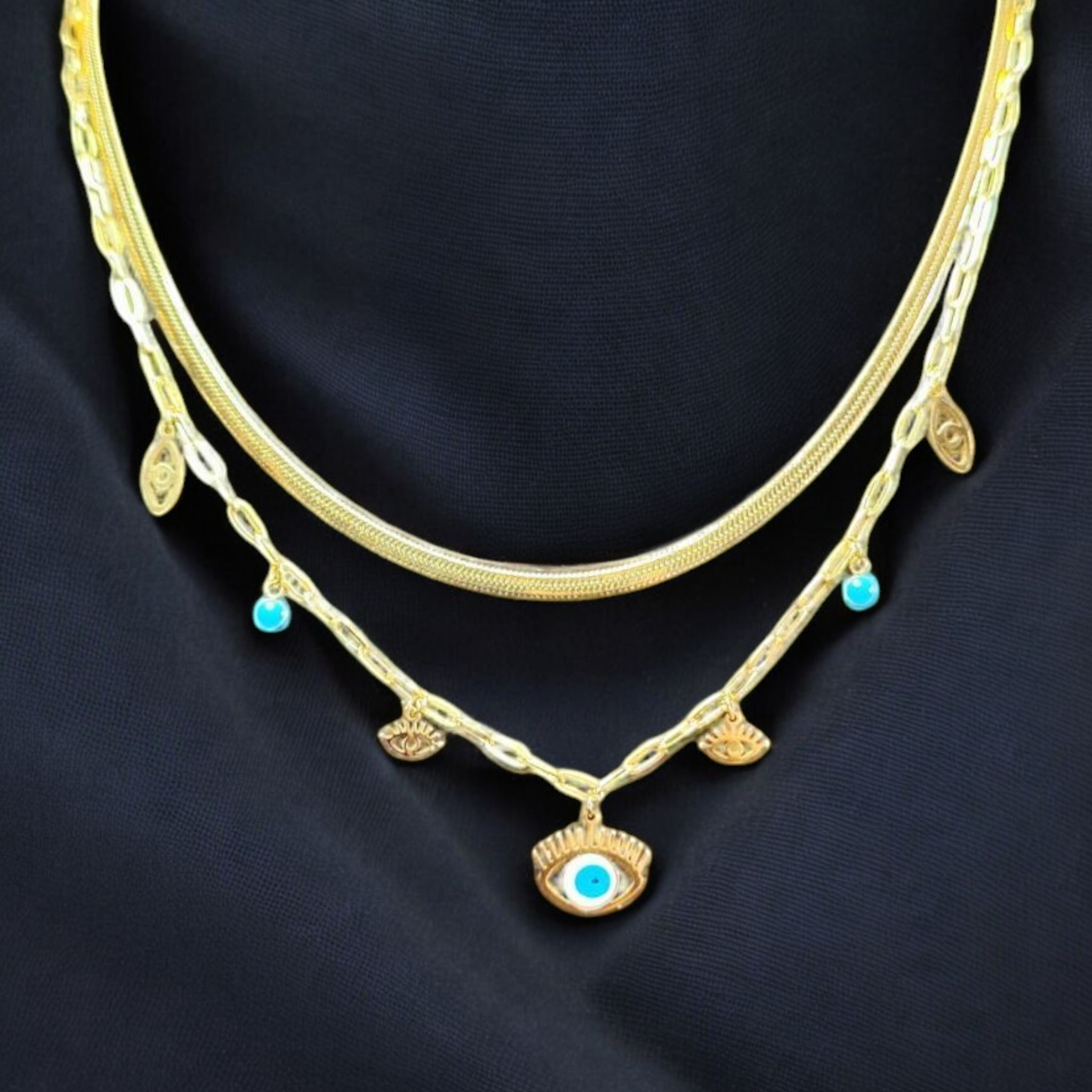 Gold-Plated Stainless Steel Evil Eye Layered Necklace