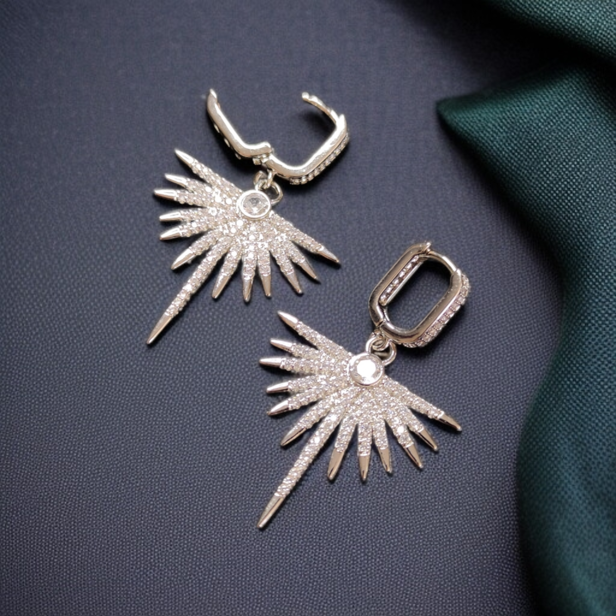 Silver Plated Zirconia Starburst Dangle Earrings