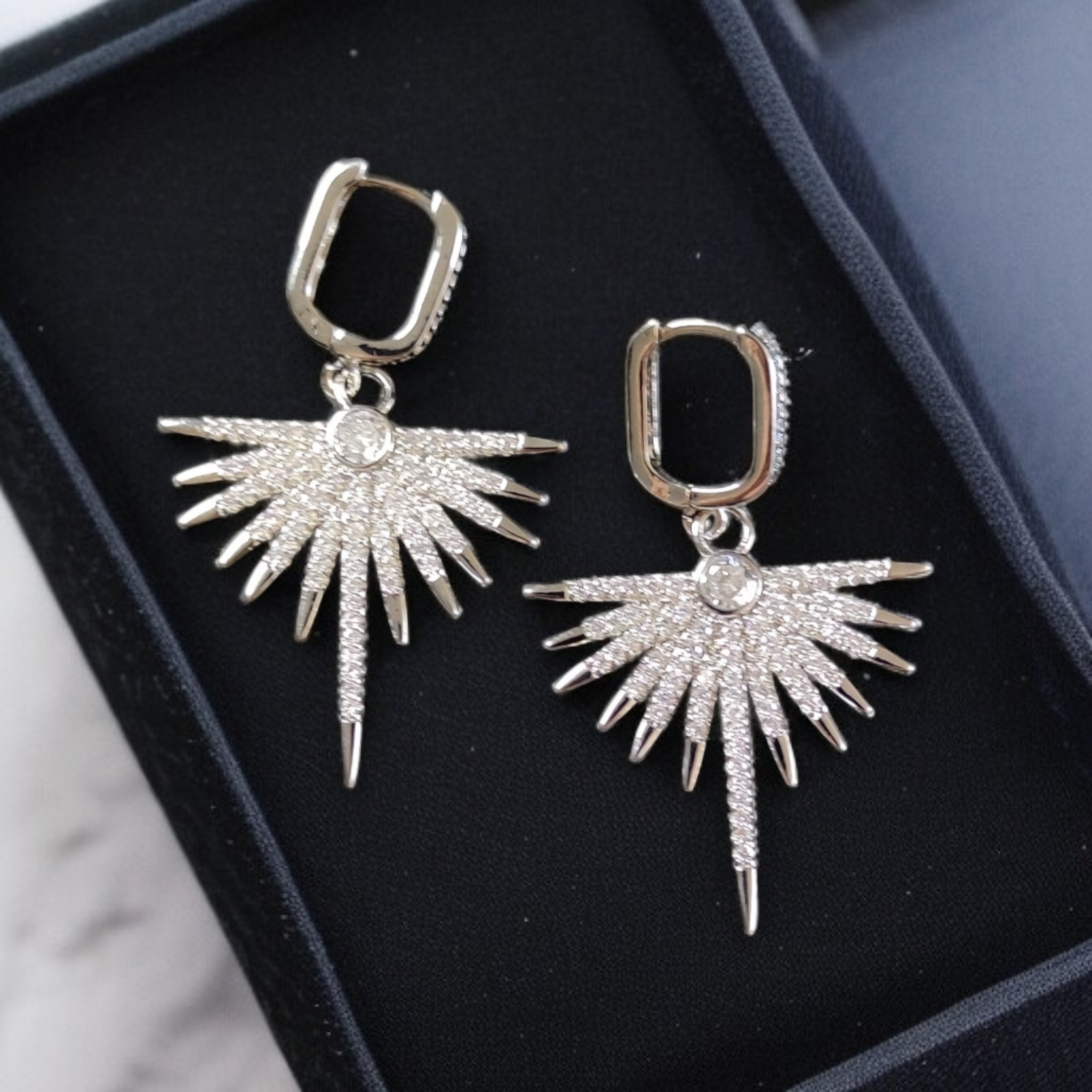 Silver Plated Zirconia Starburst Dangle Earrings
