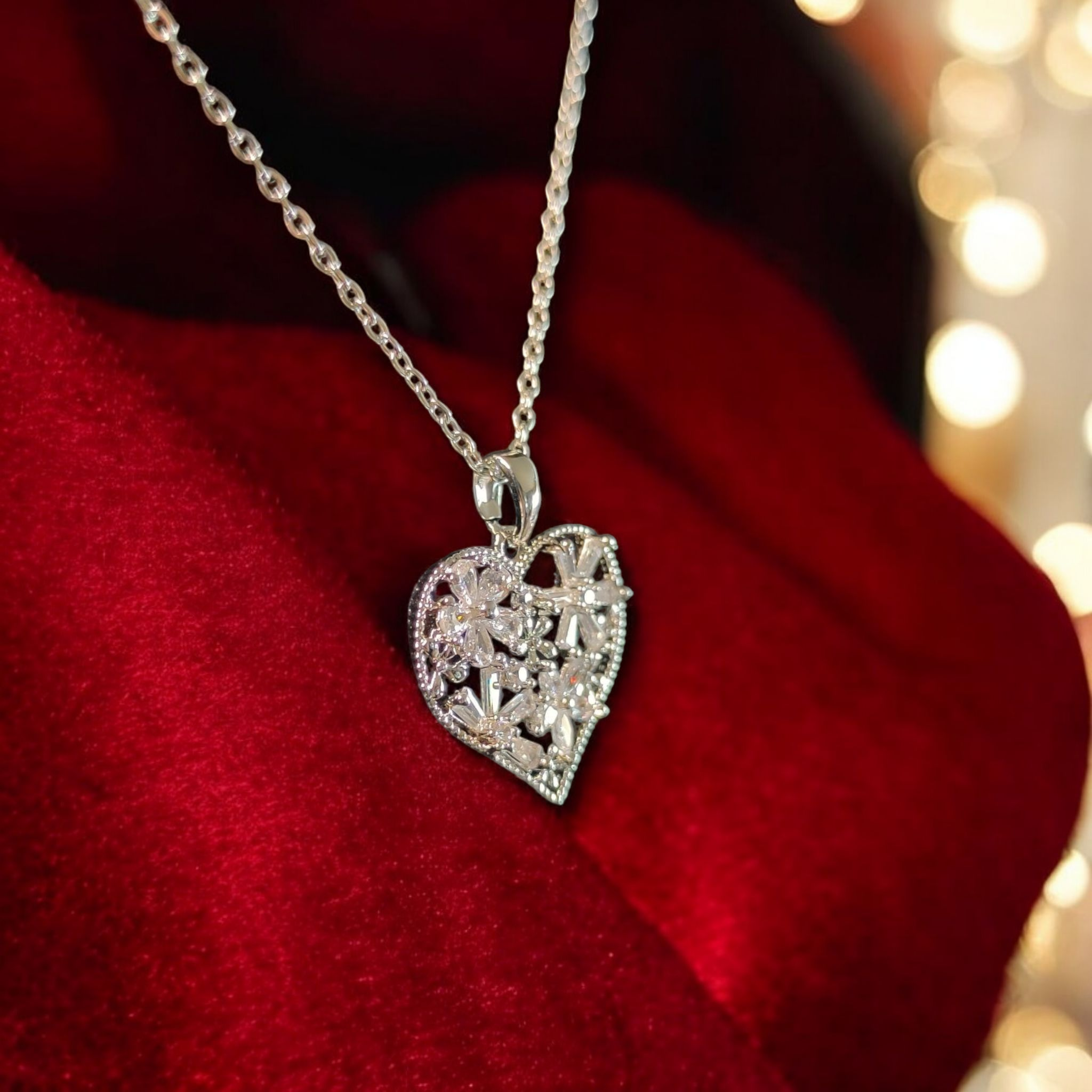 Stainless Steel Heart Necklace with Floral Design