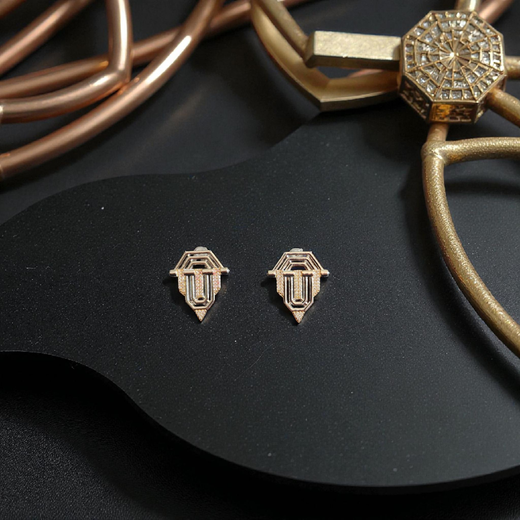 Two-Tone Geometric Zircon Earrings